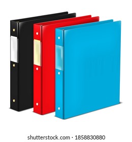 Closed Ring Binder File Folder With Label Holding Pocket On Spine. Color Mockup Set. Black, Red, Blue Colours. Easy To Recolor.