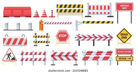 Closed road blocks. Striped red obstacles, wrong way stop and dead end signs. Road works barriers and protection fence vector set of barrier road obstacle, traffic construction illustration svg
