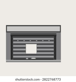 Closed roller door drawn as a shut street opening with the head box, both side channels, the ribbed body and the floor bar with its handle, a flat geometric vector in mono ink colours with the sign band and the notice sheet left blank for your own dates and wording.