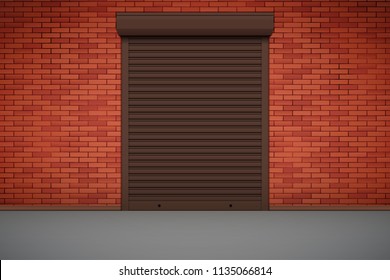 Closed Roller Shutters Door on red brick wall. Protect System Equipment. Brown color. Vector Illustration isolated on white background.