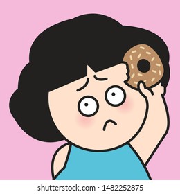 Closed Up Sad And Sorry Face Asian Young Girl Holding Up Donut With A Bite. Woman Feeling Guilty Eating Sugary Treats Concept Card Character illustration