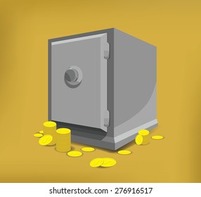 Closed Safe on floor and coins. Vector illustration 