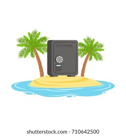 Closed safe on a tropical island, hidden in offshore wealth resources vector Illustration