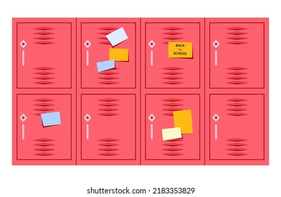 Closed school lockers with colorful stickers. Storage boxes for personal items, school supplies. Vector illustration in flat style