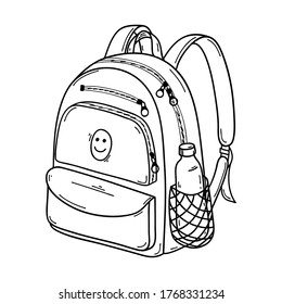 Closed School or sports backpack in Doodle style. With zippered pockets and a water bottle pocket. Briefcase for textbooks. Black-white vector illustration. Hand drawn, isolated on a white background.