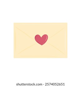 Closed secret love letter with heart sticker in craft paper isolated on white background. Hand drawn vector illustration in flat style. Love, happy Valentines Day invitation, greeting card design