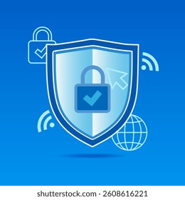 Closed security system. Blue shield with closed padlock and check mark sign. Security guard symbol. Safe and secure web browsing. Safe internet technologies, protected data. Security icon. Vector illu