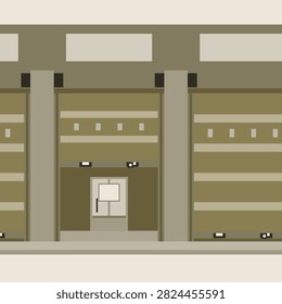 Closed shop row drawn as a run of street openings shut, part raised and fully raised, the end one cut by the edge of the picture, a flat geometric vector in sand olive colours with the sign band and the notice sheet left blank for your own dates and wording.