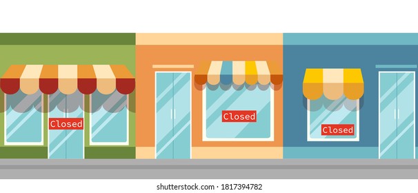 Closed shops illustration. Retail financial crisis due pandemic bankruptcy and failed business project notice red sign on cartoon stores symbol of unsuccessful vector marketing.