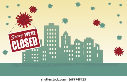 Closed sign hanging from floating coronavirus microbe with city backdrop with copy space Businesses are closing due to stay-home-stay-safe orders. 