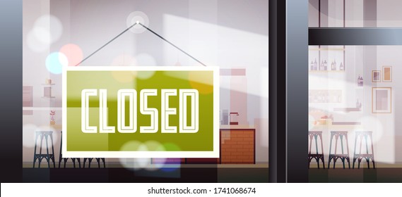signo cerrado colgante fuera de cafe window coronavirus pandemia quiebra de cuarentena concepto de crisis de comercio ilustración horizontal vector