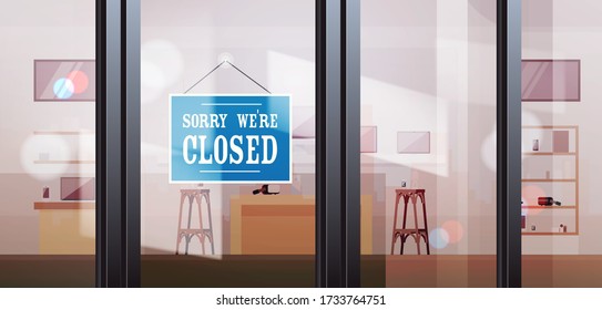 closed sign hanging outside electronics store shop window coronavirus pandemic quarantine bankruptcy commerce crisis concept horizontal vector illustration