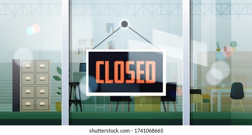 closed sign hanging outside office window coronavirus pandemic quarantine bankruptcy commerce crisis concept horizontal vector illustration