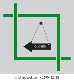 Closed sign illustration. Black icon inside green crop tool at light gray background