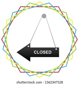 Closed sign illustration. Vector. Black icon with patch of light inside colorful hexagonal frames at white background.
