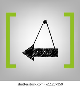 Closed sign illustration. Vector. Black scribble icon in citron brackets on grayish background.