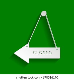 Closed sign illustration. Vector. Paper whitish icon with soft shadow on green background.