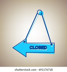 Closed sign illustration. Vector. Sky blue icon with defected blue contour on beige background.