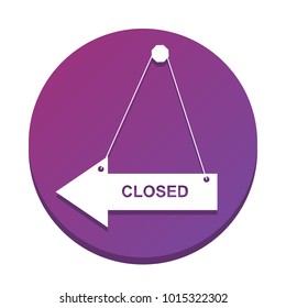 Closed sign illustration. Vector. White icon with flat shadow on purpureus circle at white background. Isolated.