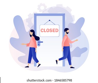 Closed - sign on the door and tiny people go away from it. Closed establishments, cafe, shop, store, salon through bankrupt, crisis, quarantine, pandemic.Modern flat cartoon style. Vector illustration