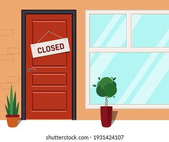 Closed sign on red door. Store with a sign that says close. Houses with doors, Windows, and potted flowers. Vector illustration in flat style. 