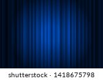 Closed silky luxury blue curtain stage background spotlight beam illuminated. Theatrical drapes. Vector gradient illustration