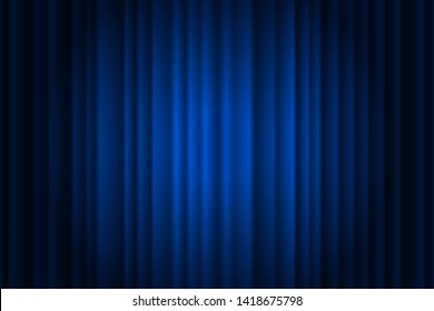 Closed silky luxury blue curtain stage background spotlight beam illuminated. Theatrical drapes. Vector gradient illustration