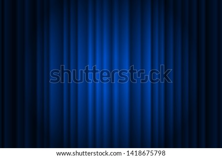 Closed silky luxury blue curtain stage background spotlight beam illuminated. Theatrical drapes. Vector gradient illustration