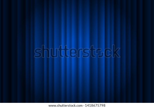 Closed silky luxury blue curtain stage\
background spotlight beam illuminated. Theatrical drapes. Vector\
gradient illustration
