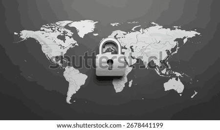 A closed silver padlock sits centrally on a world map representing concepts like global lockdown data security and international safety.
