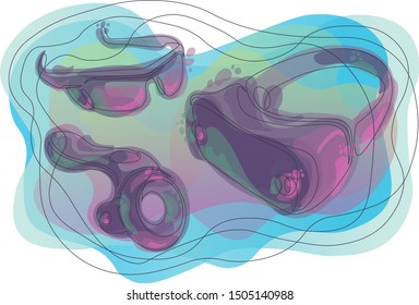 Closed single continuous doodle line virtual reality accessories,helmet glasses remote .Background gradient fill color