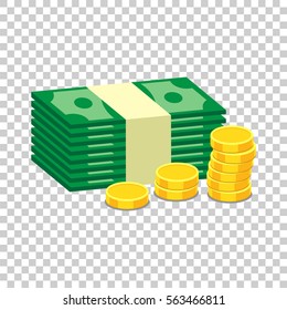 Closed small safe box and stacks of gold coins and stacks of dollar cash. Vector illustration in flat design on isolated background