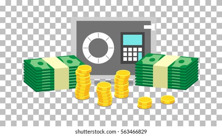 Closed small safe box and stacks of gold coins and stacks of dollar cash. Vector illustration in flat design on isolated background