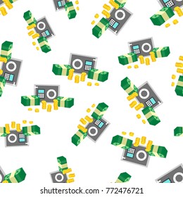 Closed small safe box and stacks of gold coins and stacks of dollar cash seamless pattern background. Business flat vector illustration. Money sign symbol pattern.