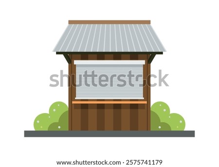Closed small wooden shop building. Simple flat illustration.