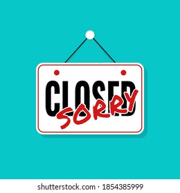 closed sorry door sign, flat vector illustration