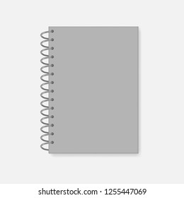 Closed spiral A4 notebook, realistic vector mock-up. Wire bound notepad, template. Gray cover diary, mockup.