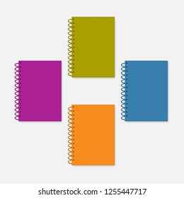 Closed spiral A4 notebook, realistic vector mock-up set. Wire bound colored cover notepad, mockup.