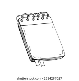Bloco de anotações em espiral fechado com indicadores. Caderno desenhado à mão, bloco de notas para notas, esboços. Organizador com estrutura de tópicos, planejador, ligação em anel. Ilustração de vetor contornado isolada no plano de fundo branco