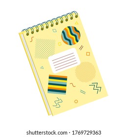 Closed spiral notebook for notes. Flat style. Cover with abstract shapes. Stationery for writing and drawing. Color vector illustration. Element isolated on a white background.