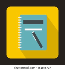 Closed spiral notebook and pen icon in flat style on a yellow background