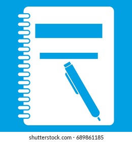 Closed spiral notebook and pen icon white isolated on blue background vector illustration