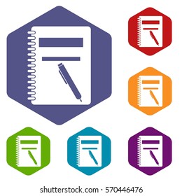 Closed spiral notebook and pen icons set rhombus in different colors isolated on white background