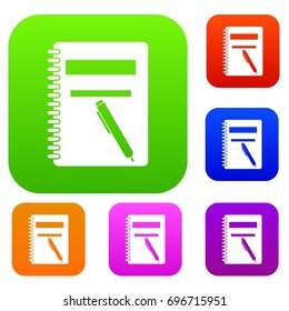 Closed spiral notebook and pen set icon in different colors isolated vector illustration. Premium collection