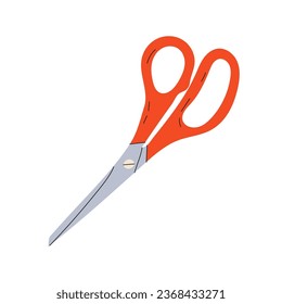 Closed stationery scissors. Sharp red metal scissors for flat style haircuts. Garden scissors for cutting in hand drawn style. Vector stock illustration on isolated white background.