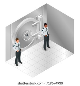 Closed steel bank vault door. Closed door to the bank s storehouse and two guards. Vector isometric illustration.