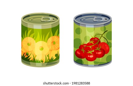 Closed Steel Labeled Can or Tin with Tomato and Pineapple Vector Set