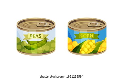 Closed Steel Labeled Can or Tin with Green Peas and Corn Vector Set