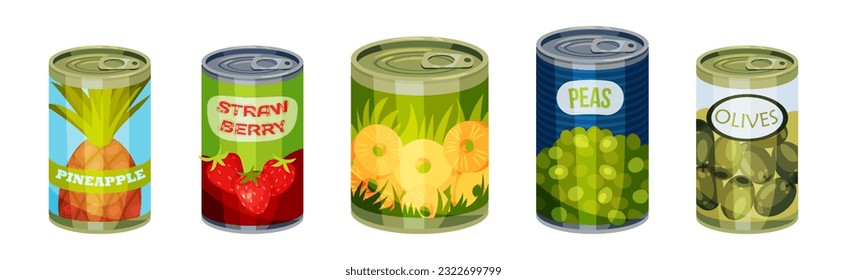 Closed Steel Labeled Can or Tin with Food Vector Set