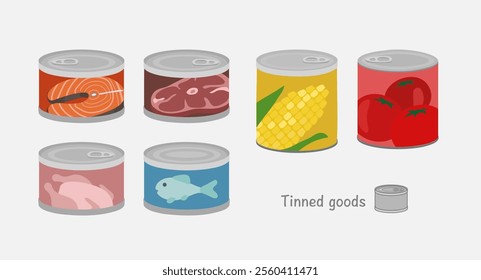 Closed Steel Labeled Can or Tin with Food illustration Set